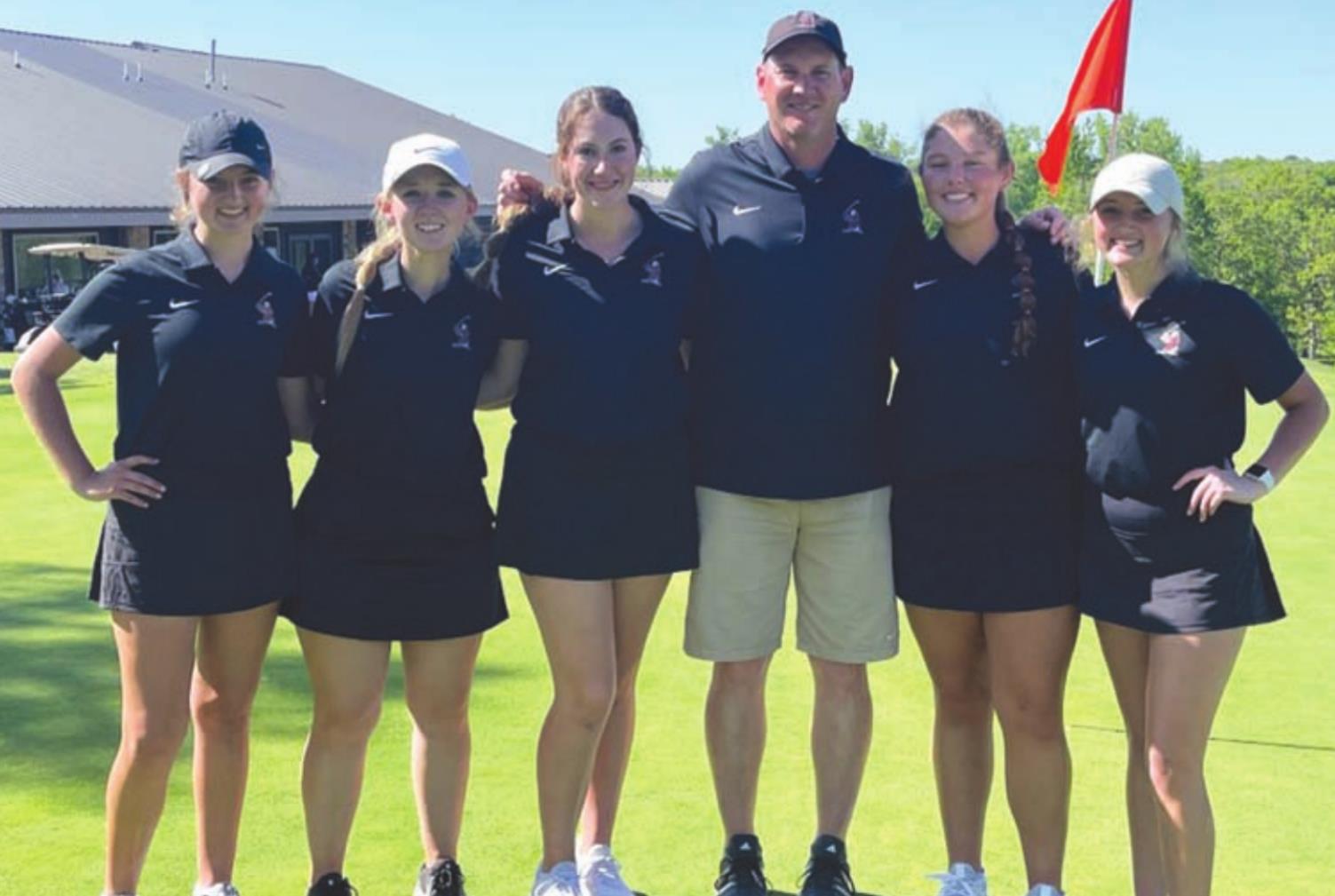 The Weatherford girls golf team finishes fifth as a team the Class 4A State Golf Tournament in Cushing. Pictured from left are McKinley Elwick, Rachel Carruth, Maddy Hada, coach Kyle Mickley, Chloe Cummins and Addison Elwick. Provided