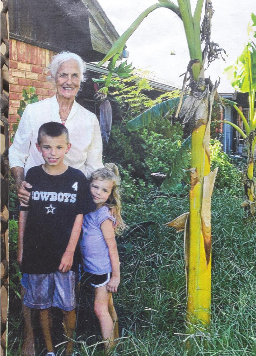Carol Henderson stands next to her banana plant with grandchildren Keon, left, and Khloe Lackey. This picture is from 2017, when she originally placed the plants. Provided