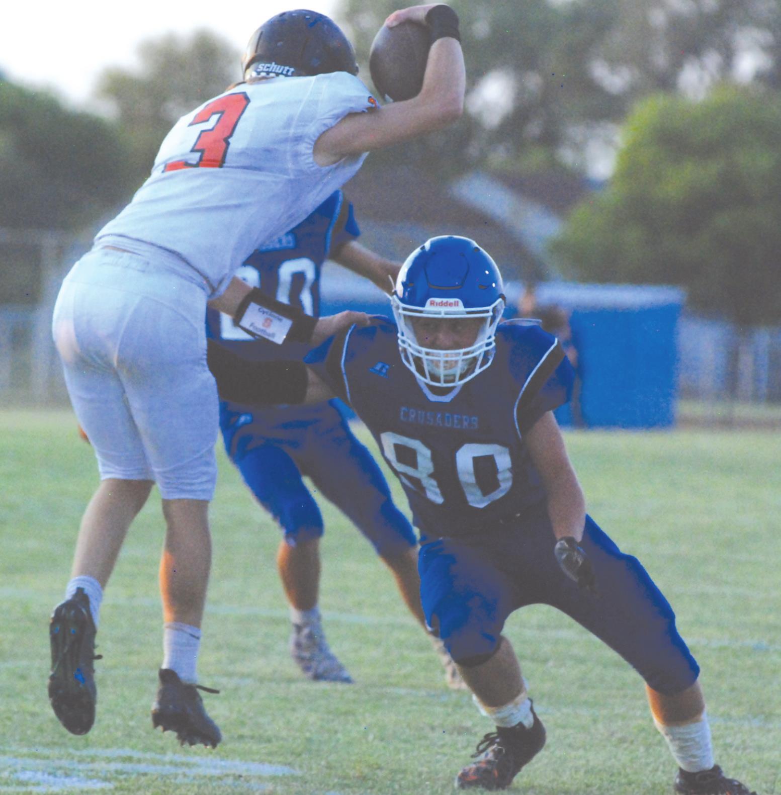 Corn Bible defensive end River Lewis tries to make a tackle. Corn Bible lost at Kremlin-Hillsdale Friday 30-0. Aubyn Phippen/WDN