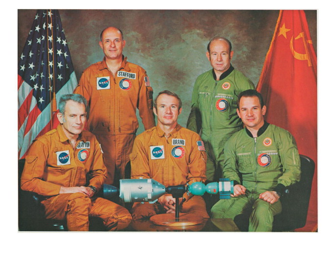 Pictured are Thomas Stafford (back left), Aleksey A. Leonov (back right), Donald K. Slayton (front left), Vance D. Brand (center) and Valeriy N. Kubasov. Photo courtesy of NASA