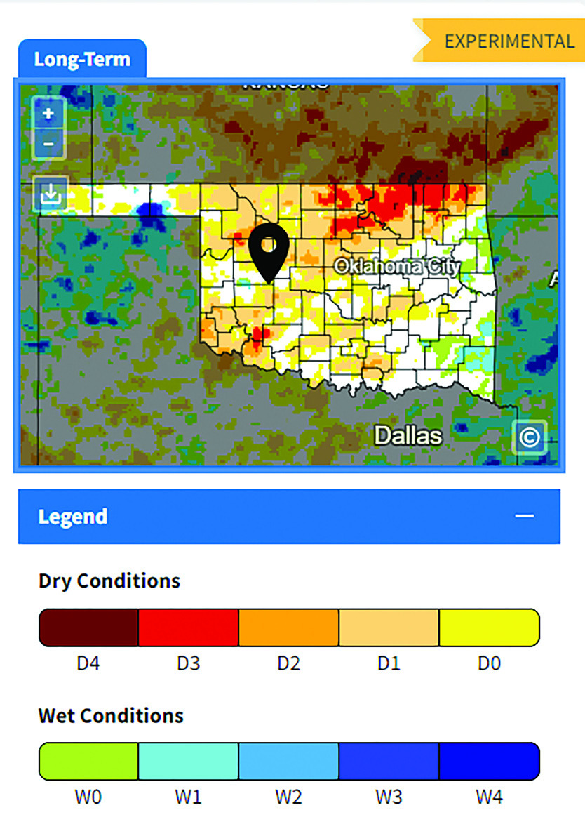 ► This map shows the current drought conditions in Oklahoma. With recent rainfall, Weatherford has much healthier conditions than earlier this summer. Provided
