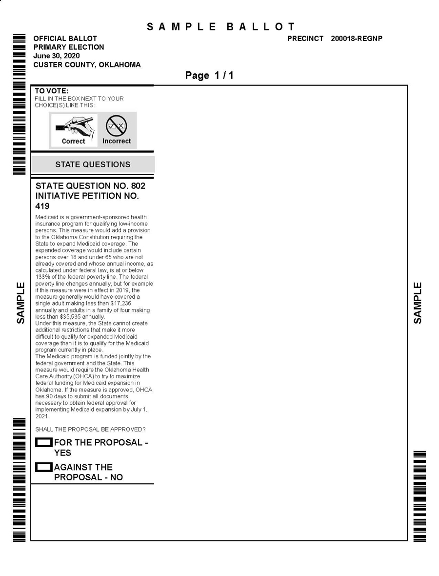Above, the sample ballot for the June 30 election, where Oklahoma voters will vote on State Question 802.Provided