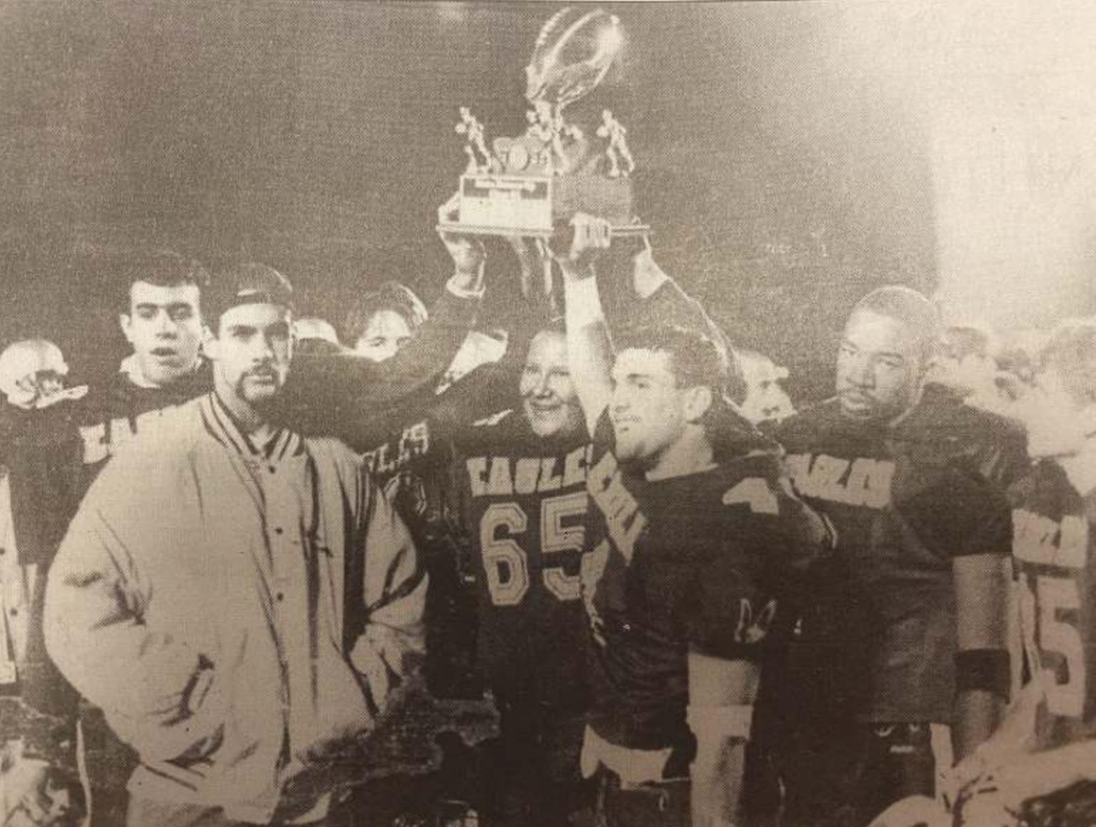 Weatherford seniors hoist the Class 4A State Runner-up trophy Friday in 1996 in Chickasha. File Photo