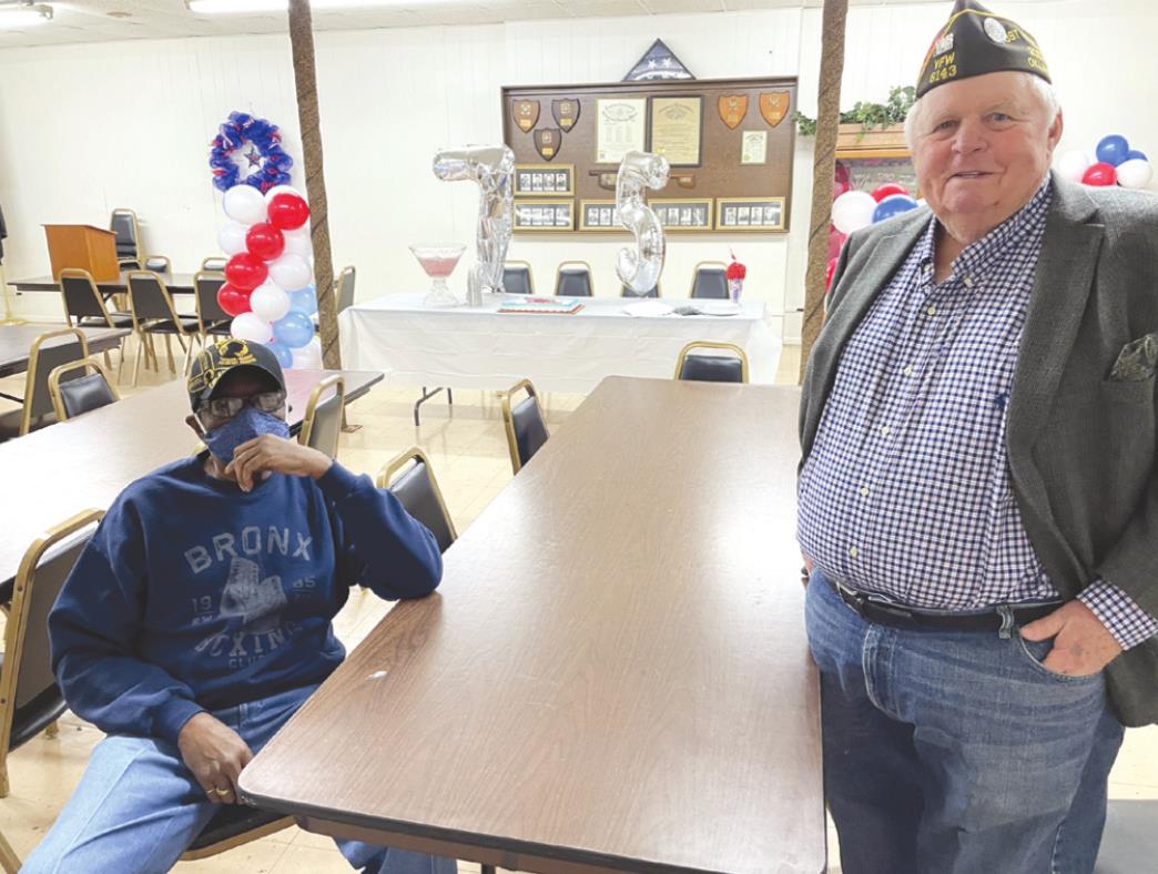 Pictured from left, Veterans of Foreign Wars member of Post 6143 Milton White and VFW Commander of Post 6143 Jim Pitzer spoke about some of the history of the post during the 75th birthday of Post 6143 February 25. Montgomery/WDN