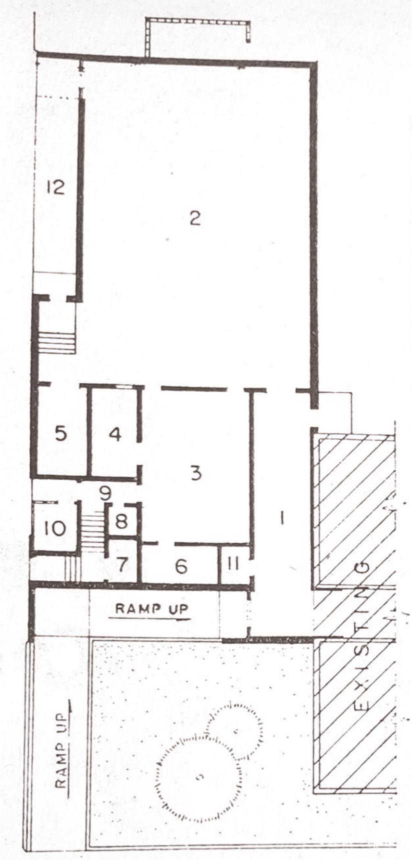Pictured left is the floor plans for the rebuilding of the Weatherford High School cafeteria, which was damaged during the fire which also destroyed the WHS gymnasium. Areas marked by number are: 1 — Corridor 2 — Cafeteria 3 — Kitchen 4 — Dishwashing 5 — Table storage 6 — Food storage 7 — Mechanical 8 — Toilet 9 — Hall 10 — Garbage 11 — Janitor 12 — Bus dock