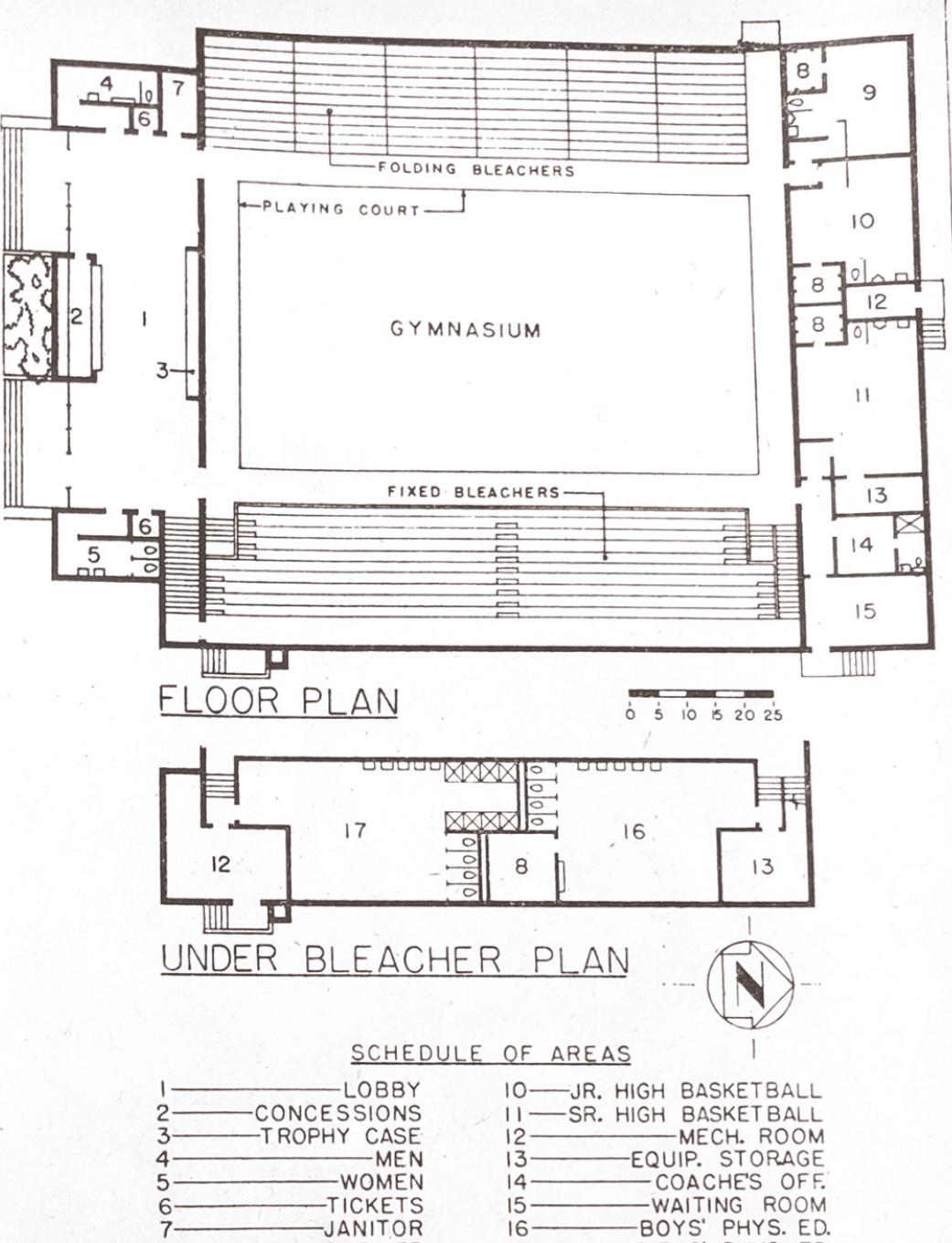 Pictured right is the floor plans for the rebuilding of the Weatherford High School gymnasium, which was destroyed during a fire earlier in the year. These plans can be found in the May 26, 1960 edition of the Weatherford Daily News.
