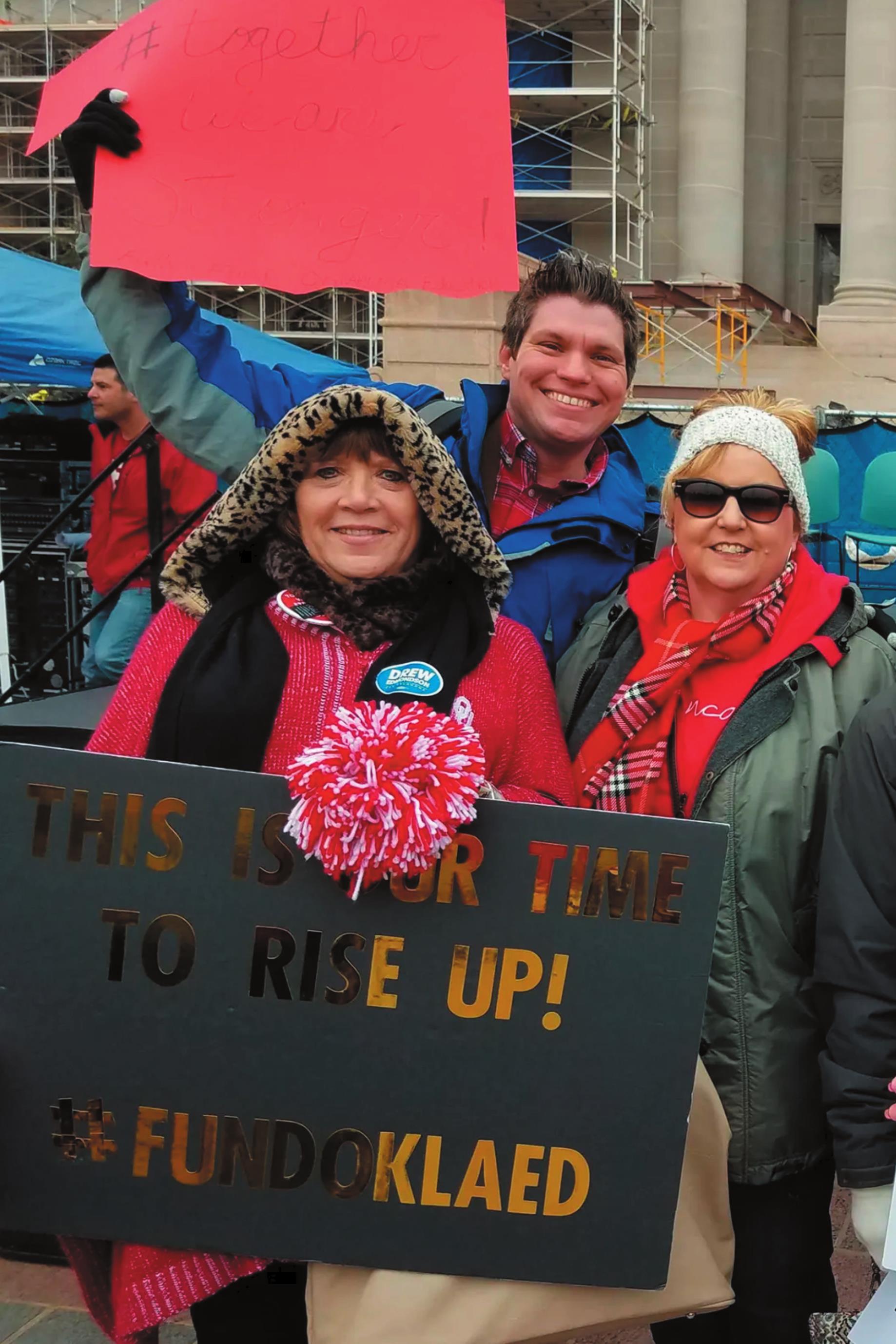 Duncan educators, from left, Cathy Barker, Derrick Miller and Sonia Norton at the Oklahoma teacher walkout in 2018. Provided