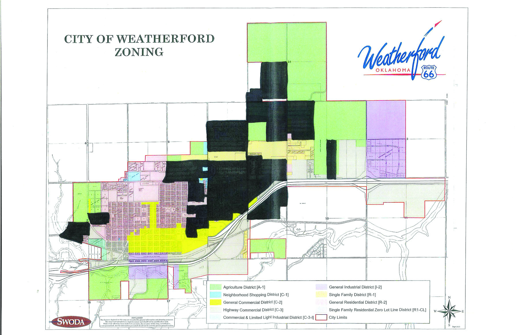 ◄ This map, provided by the City of Weatherford, shows, in black, where raising chickens will not be allowed currently due to neighborhood covenants. Provided