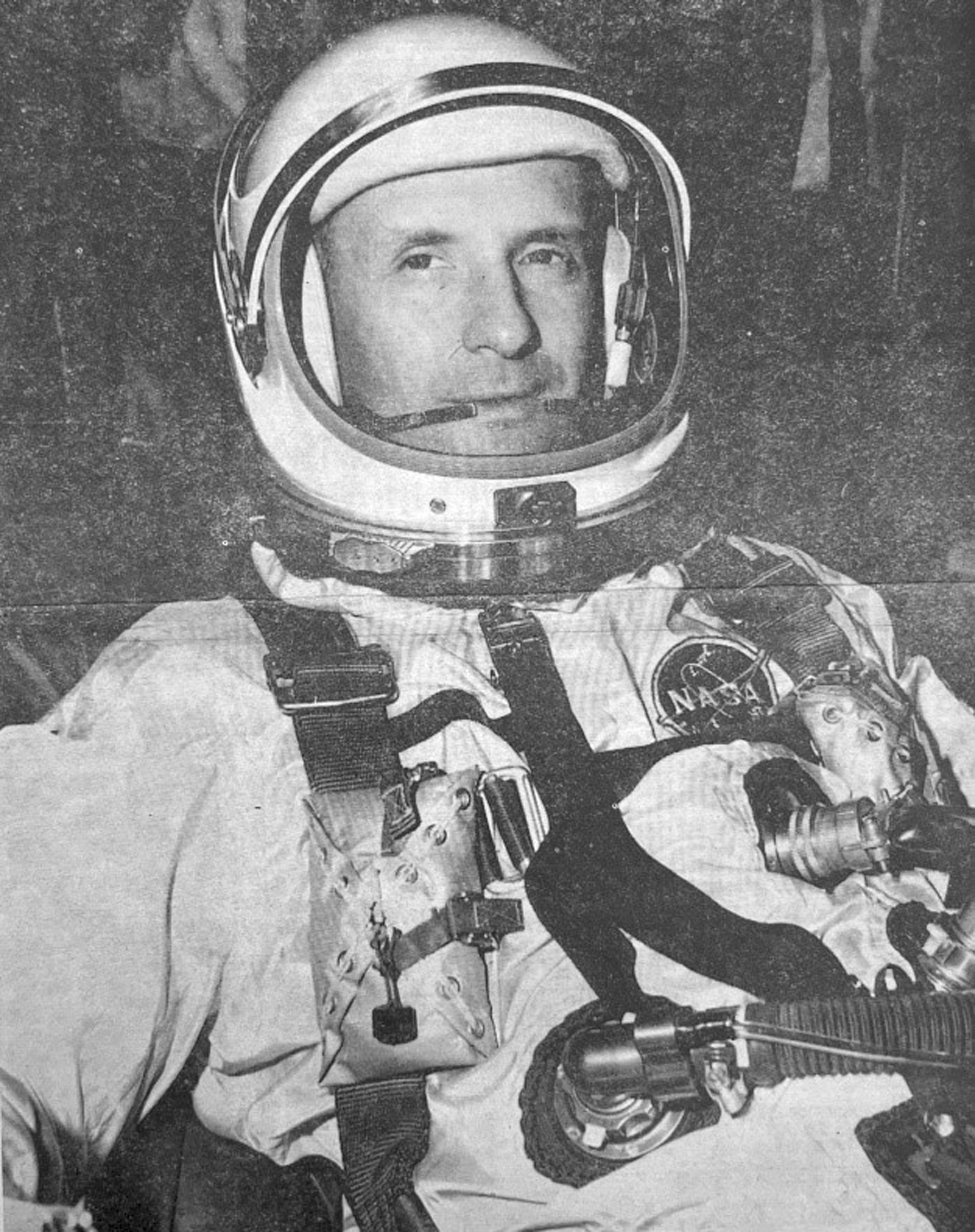 This picture, originally published in the Weatherford Daily News December 9, 1965, shows Gen. Tom Stafford in his space flight suit before the launch of Gemini 6.