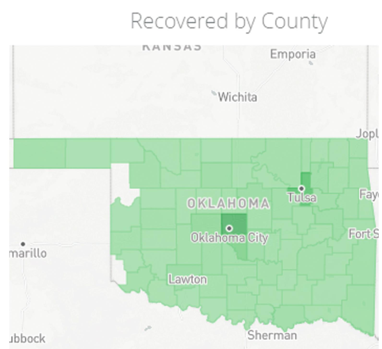 This map shows the numbers of recoveries from COVID-19 by county. Currently, Custer County has reported 1,780 recoveries since the pandemic began earlier this year. Washita County is reporting 356 recoveries. Provided