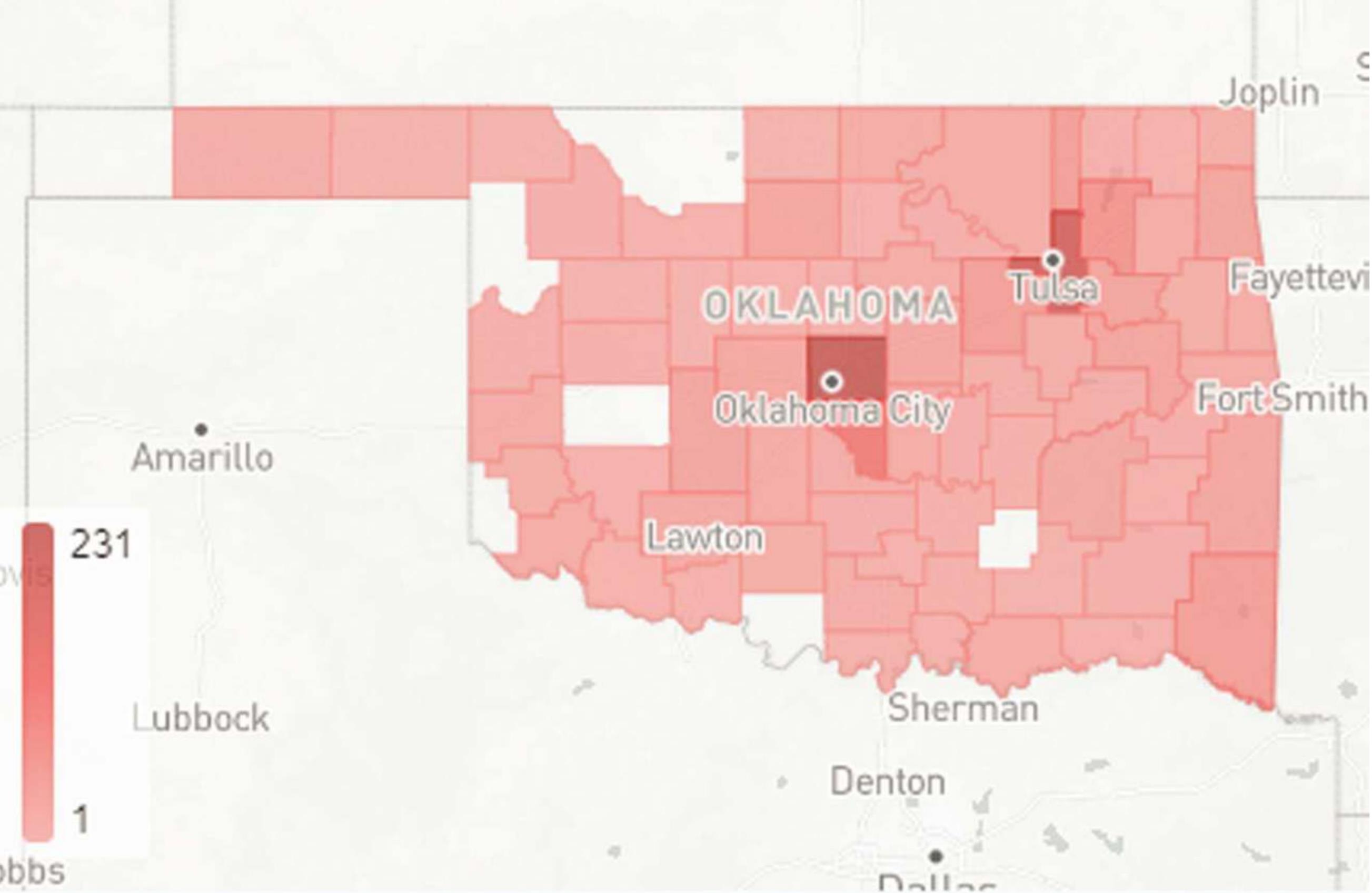 Above, this map shows the total number of deaths associated with COVID-19 in Oklahoma by county. Provided