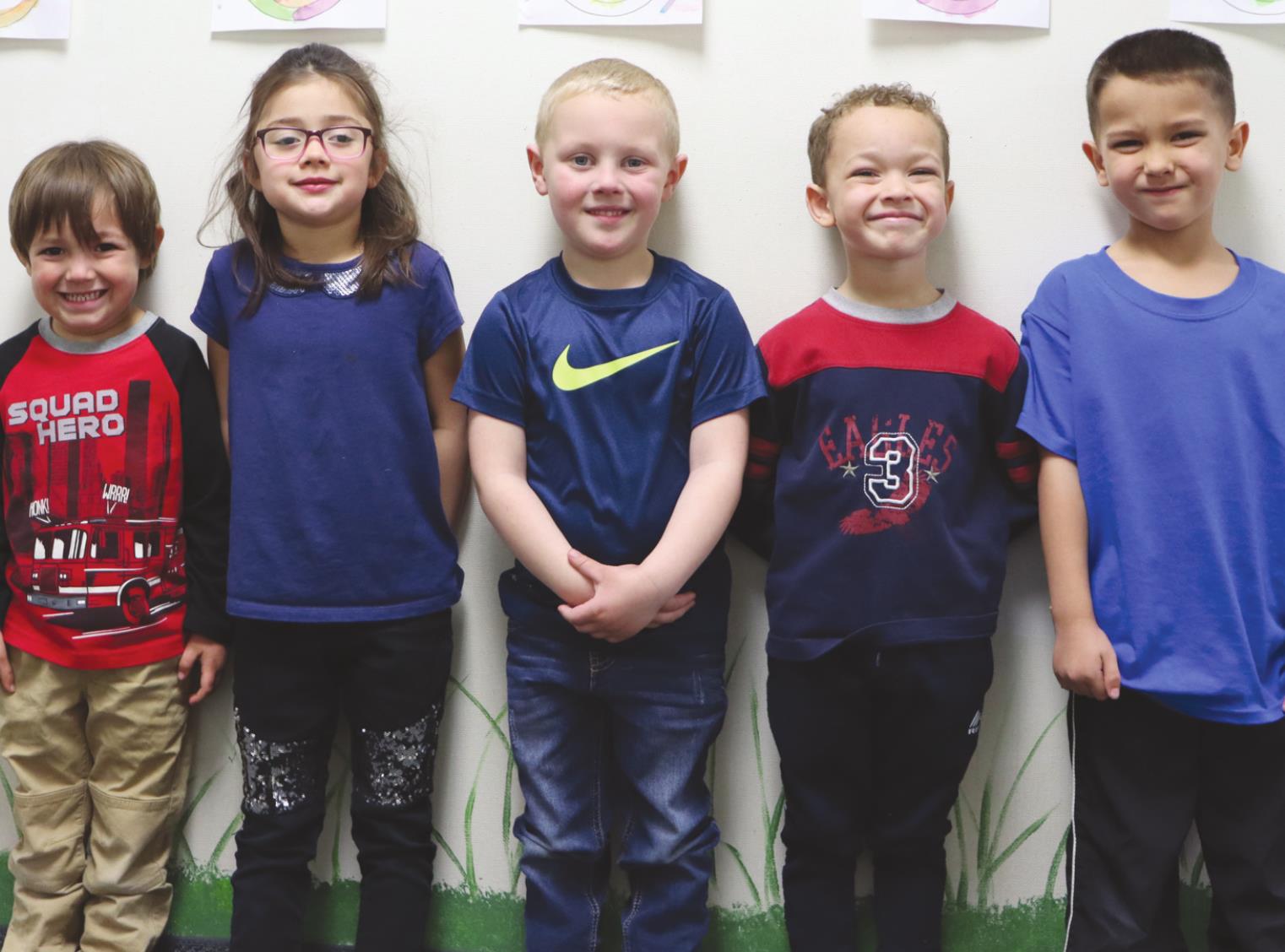 Pictured members of Sharon Mahan’s PM Pre-K class who wore red and blue Thursday. From left is Jackson Pouns, Ellena de la Cruz, Jason Clark, Kellon Lodes and Everett Lewis. vLeanna Cook/WDN