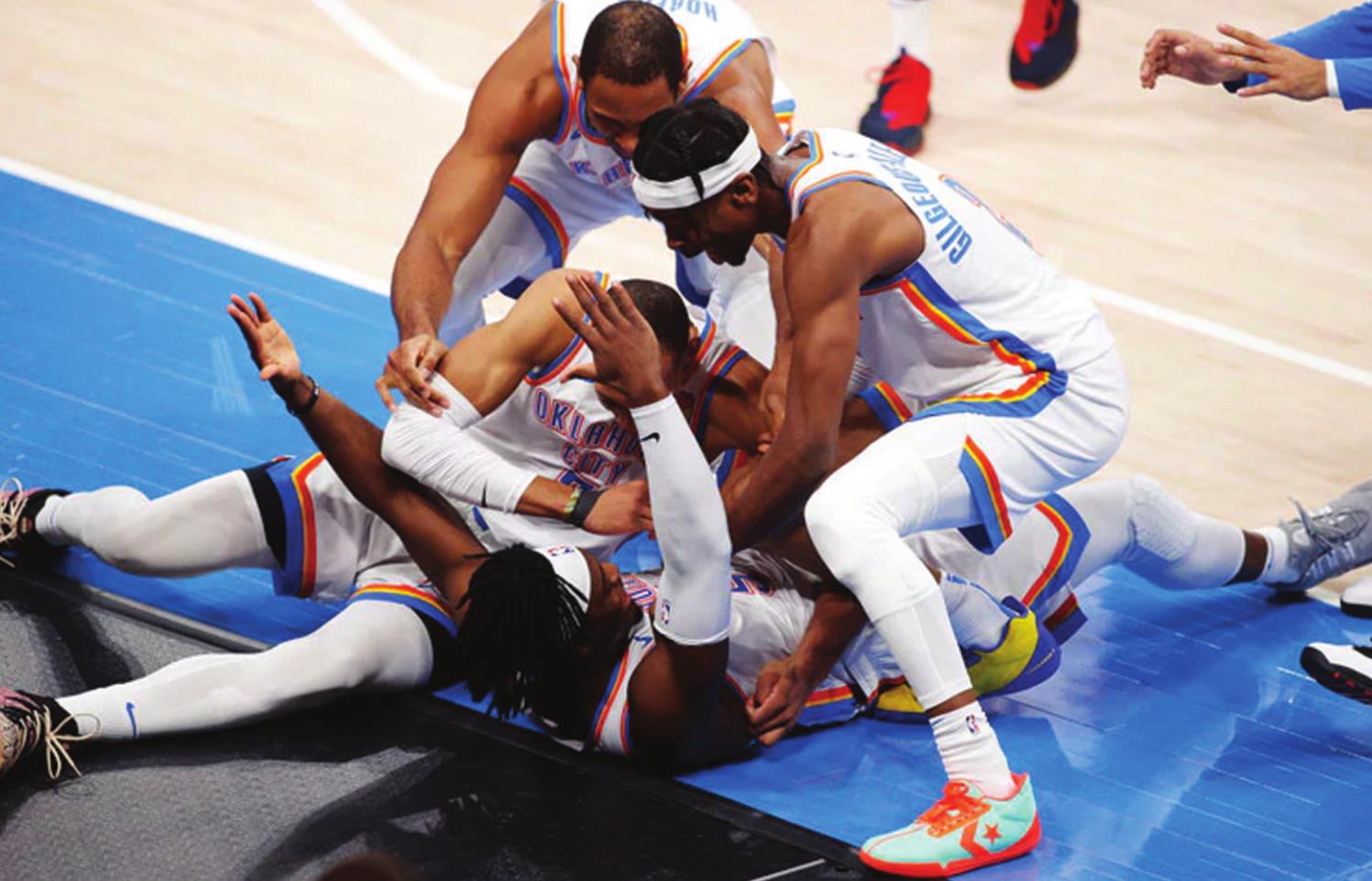 Oklahoma City Thunder players celebrate a last-second win against San Antonio Wednesday night, as Oklahoma City won the game 102-99. The team announced its second-half schedule this week, which opens March 11, with a home game against the Dallas Mavericks. Provided