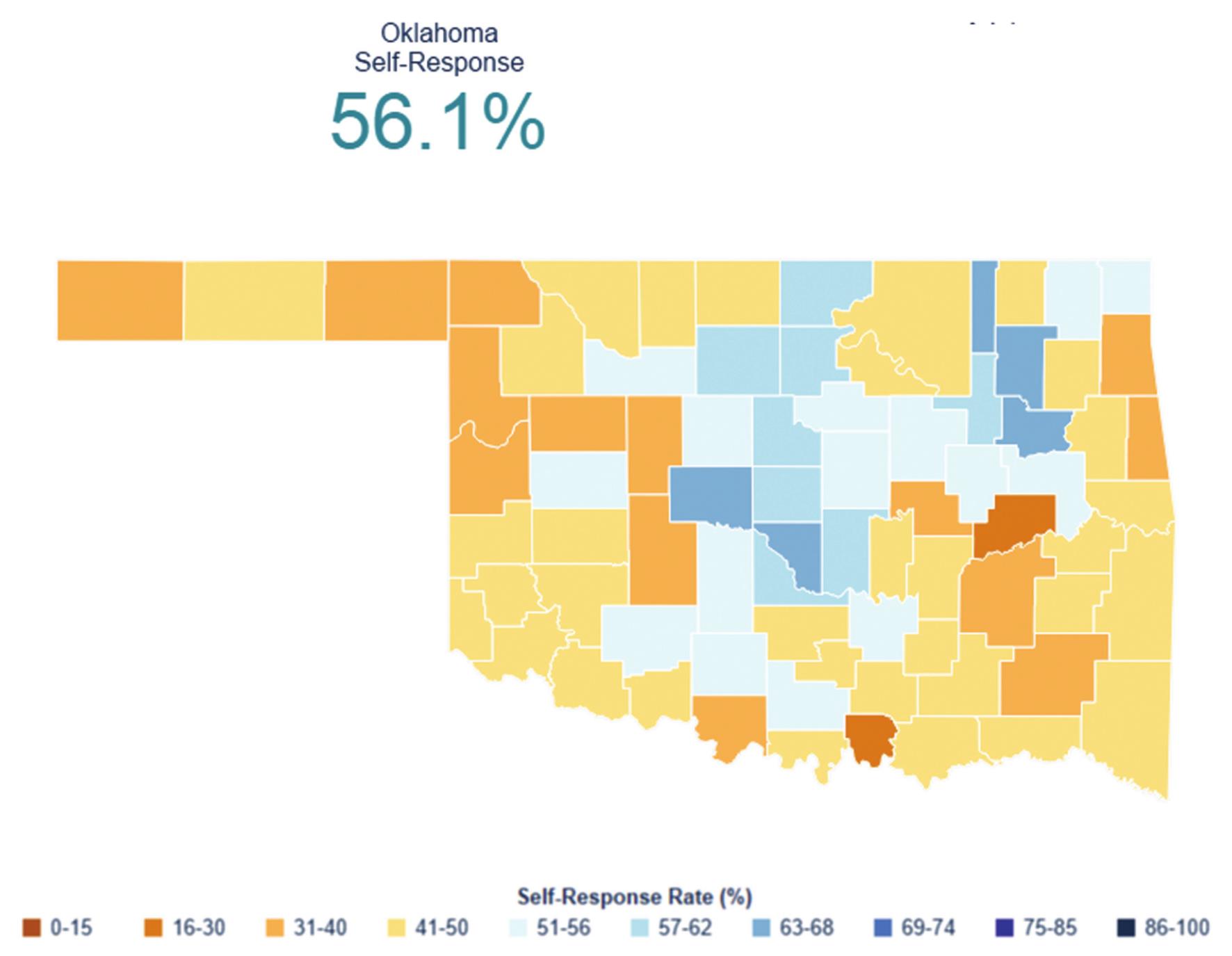 This map shows the Census response rates by county for Oklahoma. Provided