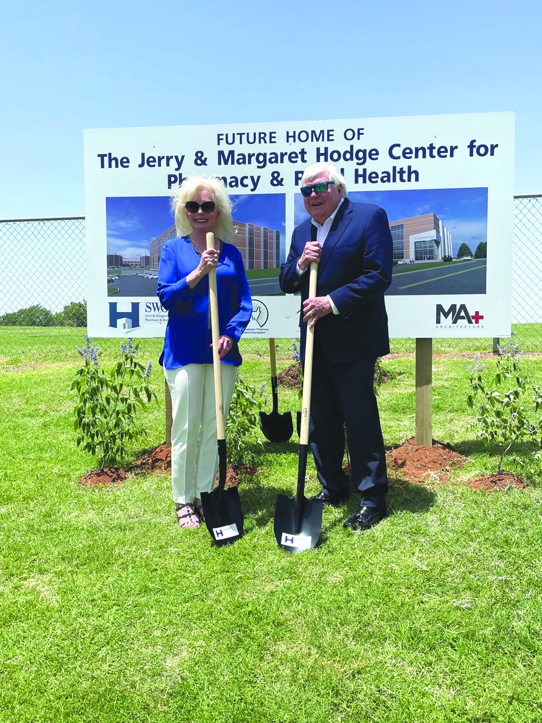 Margaret and Jerry Hodge hold shovels during a groundbreaking ceremony in June for the soon-to-be-built Jerry &amp; Margaret Hodge Center for Pharmacy and Rural Health on SWOSU’s campus. Provided
