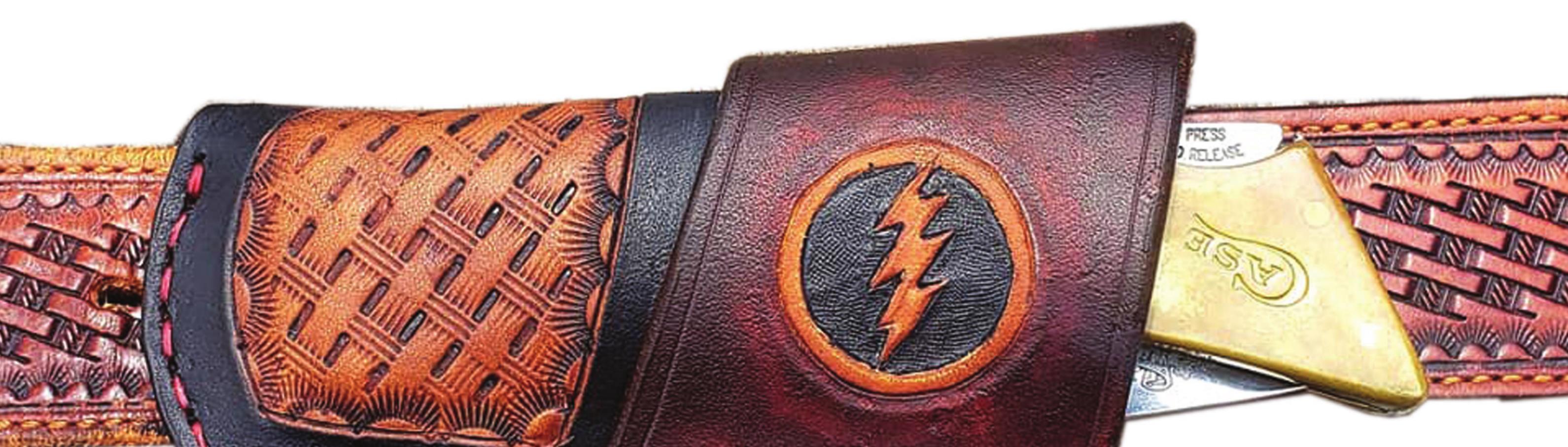 Provided This hand-stitched knife holster made by Mac McCune features a flash design.