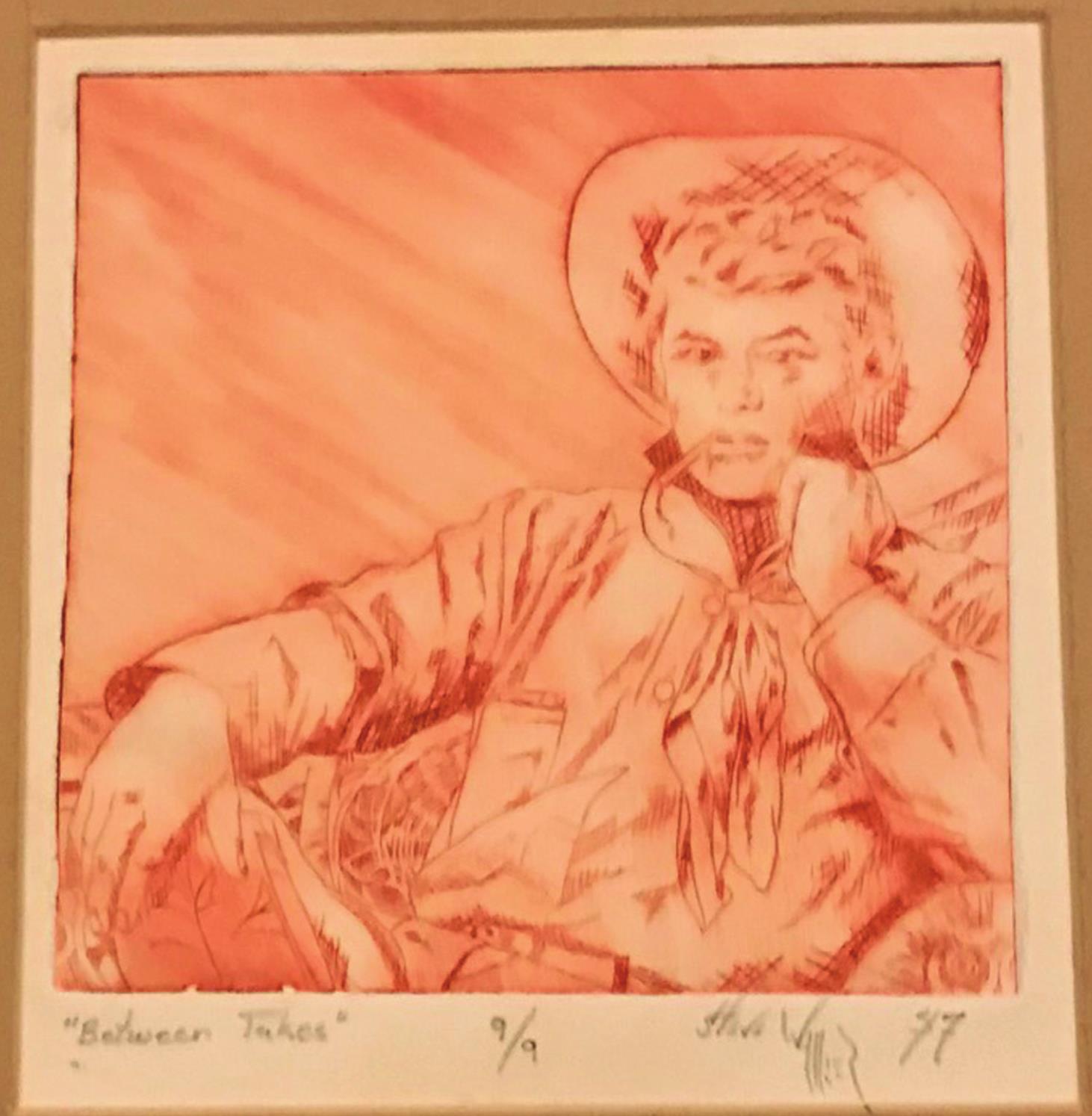 Provided Top right, shows a drawing created by Stephen Walker, of a cowboy in deep thought.