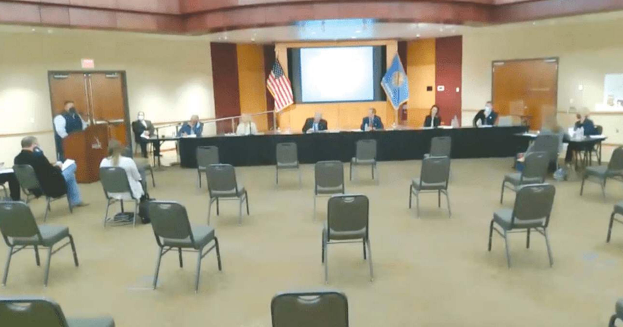 A screenshot of a live-streamed meeting of Oklahoma’s Statewide Virtual Charter School Board on October 13, 2020. The man at the podium on the left of the screen spoke about his son’s success at Epic Charter Schools. The schools are under intense scrutiny following a scathing report from the state auditor’s office that accused the school of misusing taxpayer money. Provided