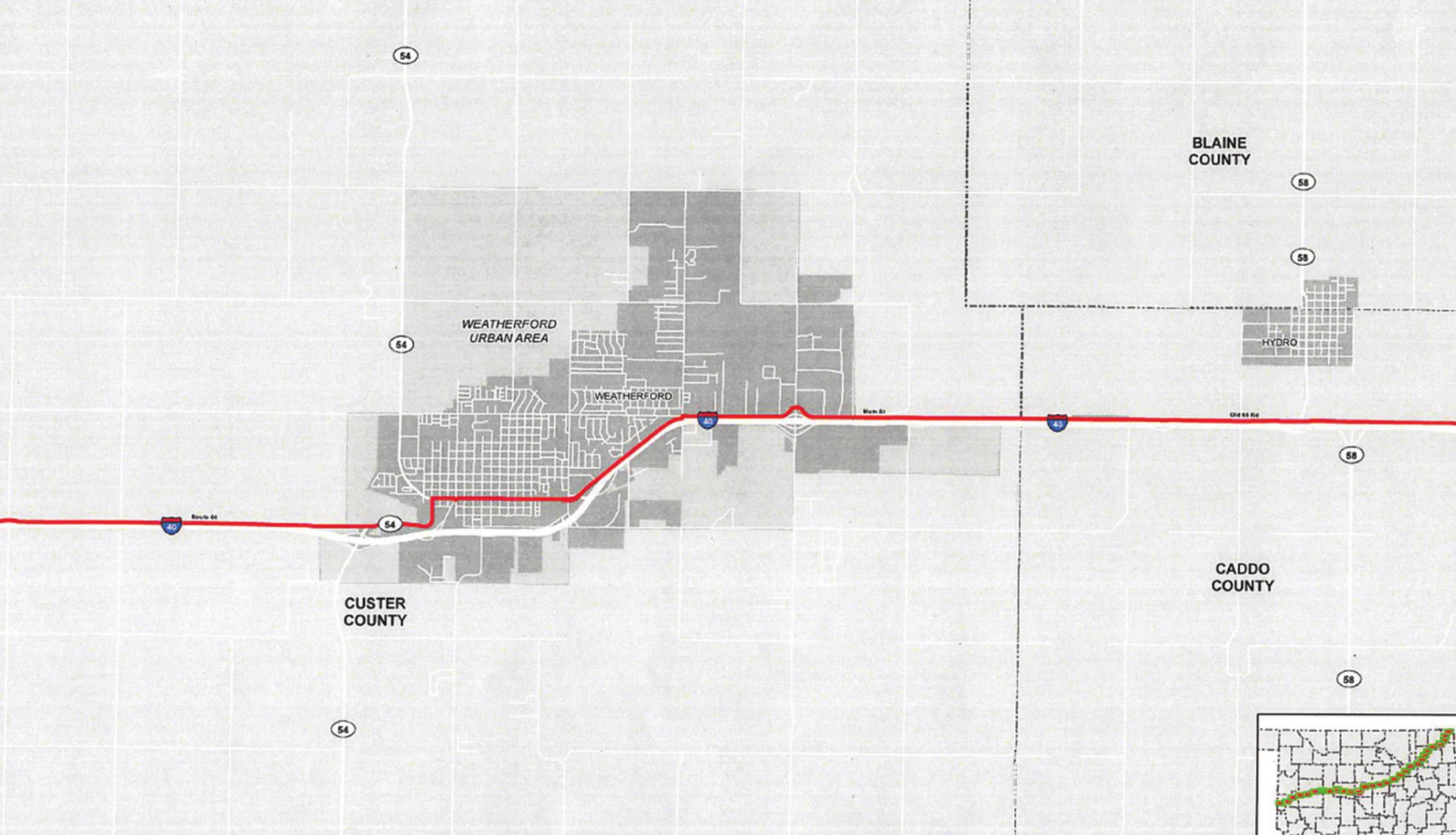 At left, a group of bicyclists will be traveling along Route 66 and through Weatherford. This map shows the route the bikers will be taking in Weatherford. Provided