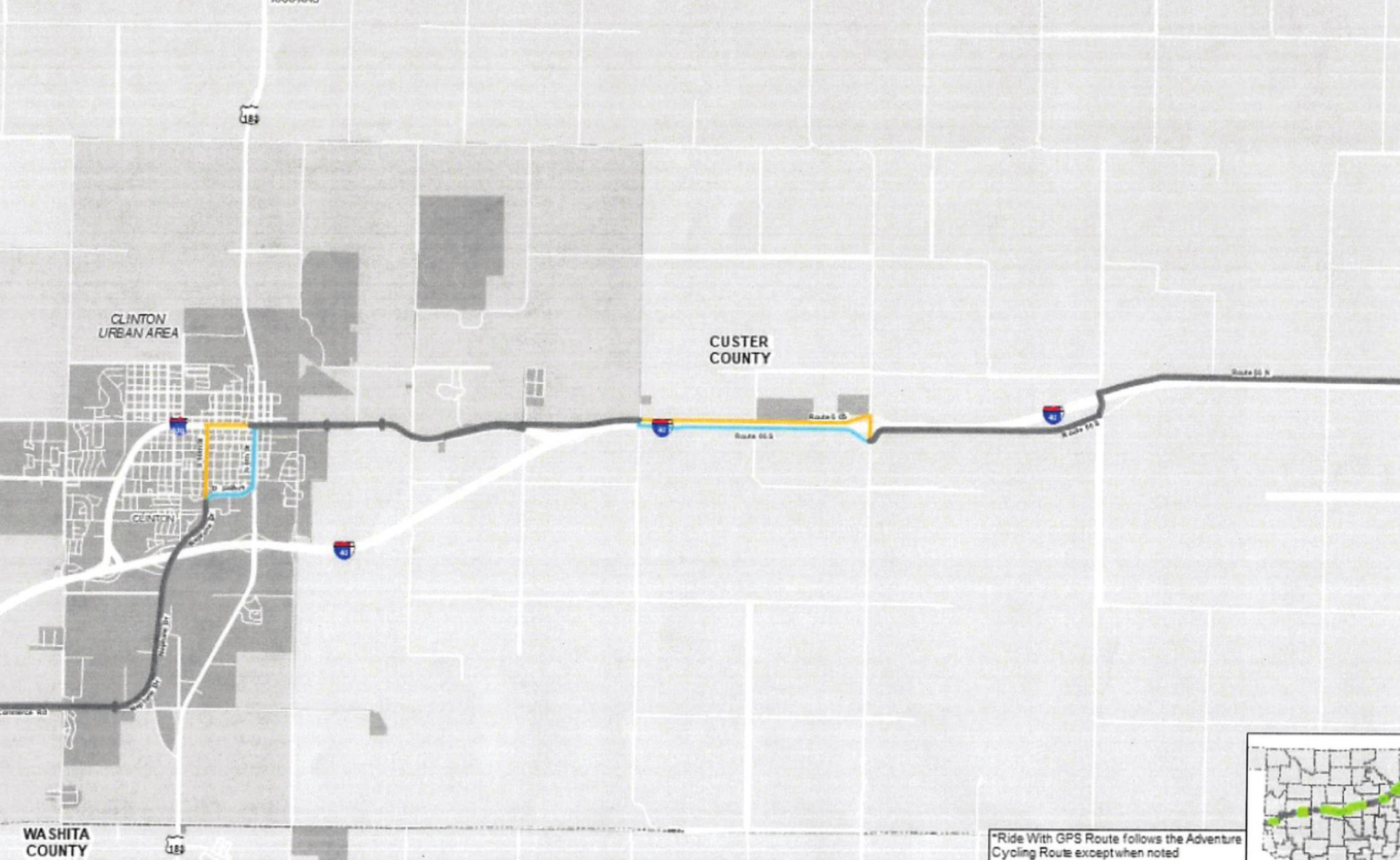 At right, this map shows the route the Route 66 bicyclists will be taking through Clinton. Provided