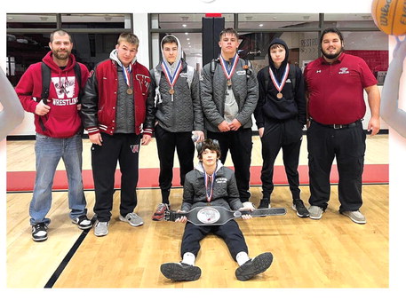 Pictured are the Weatherford wrestling placers at the Greg Hening Tournament in Tuttle. Connor Pair, second from left, placed fourth, Creek Williams placed fourth, Austin Burkeen placed fourth and Dacoda Nickels placed fourth. Sitting in front is Dylan Renna, who placed first.