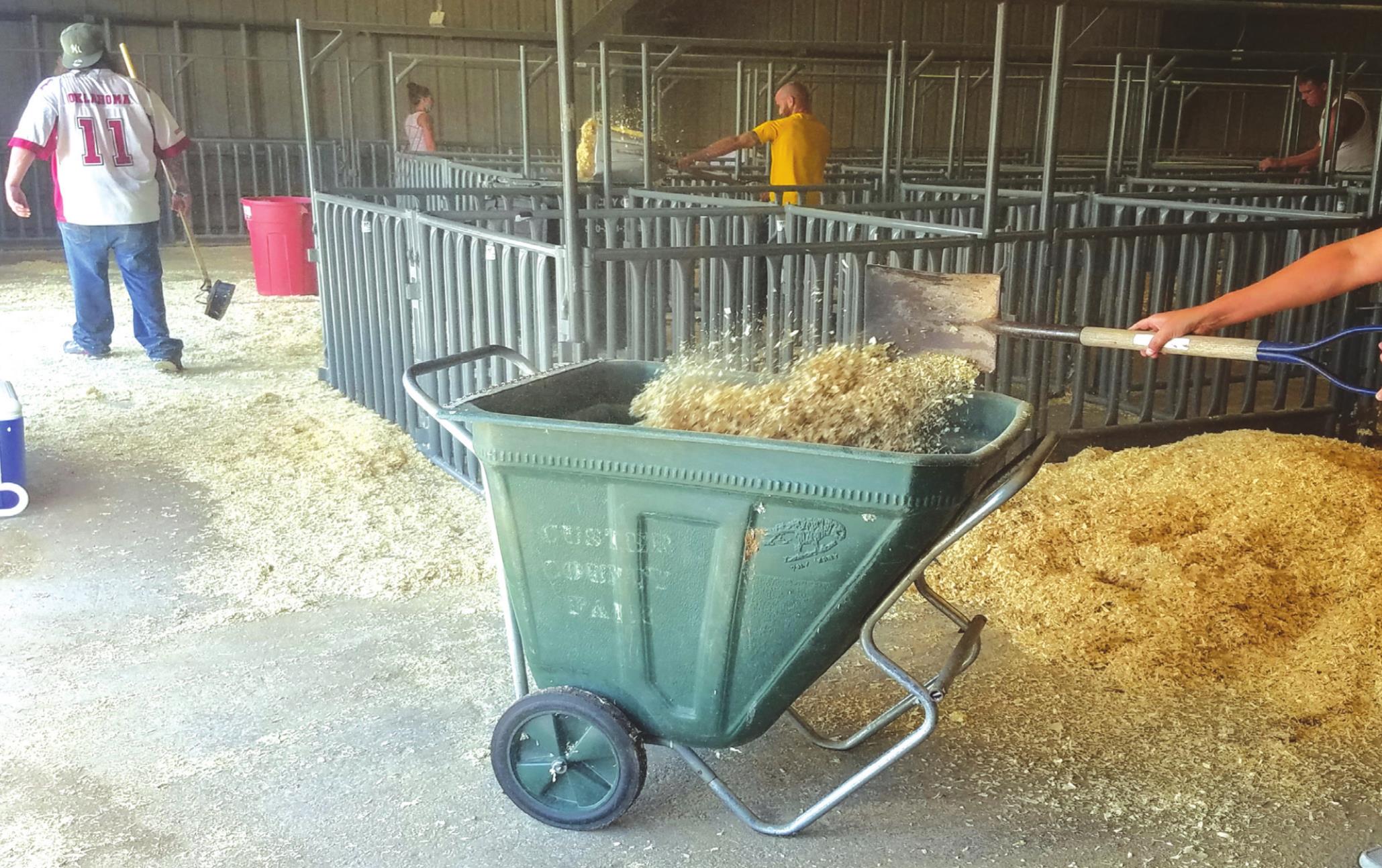 Washita-Custer County Treatment Court participants clean up old animal bedding at the Custer County Fairgrounds. Provided