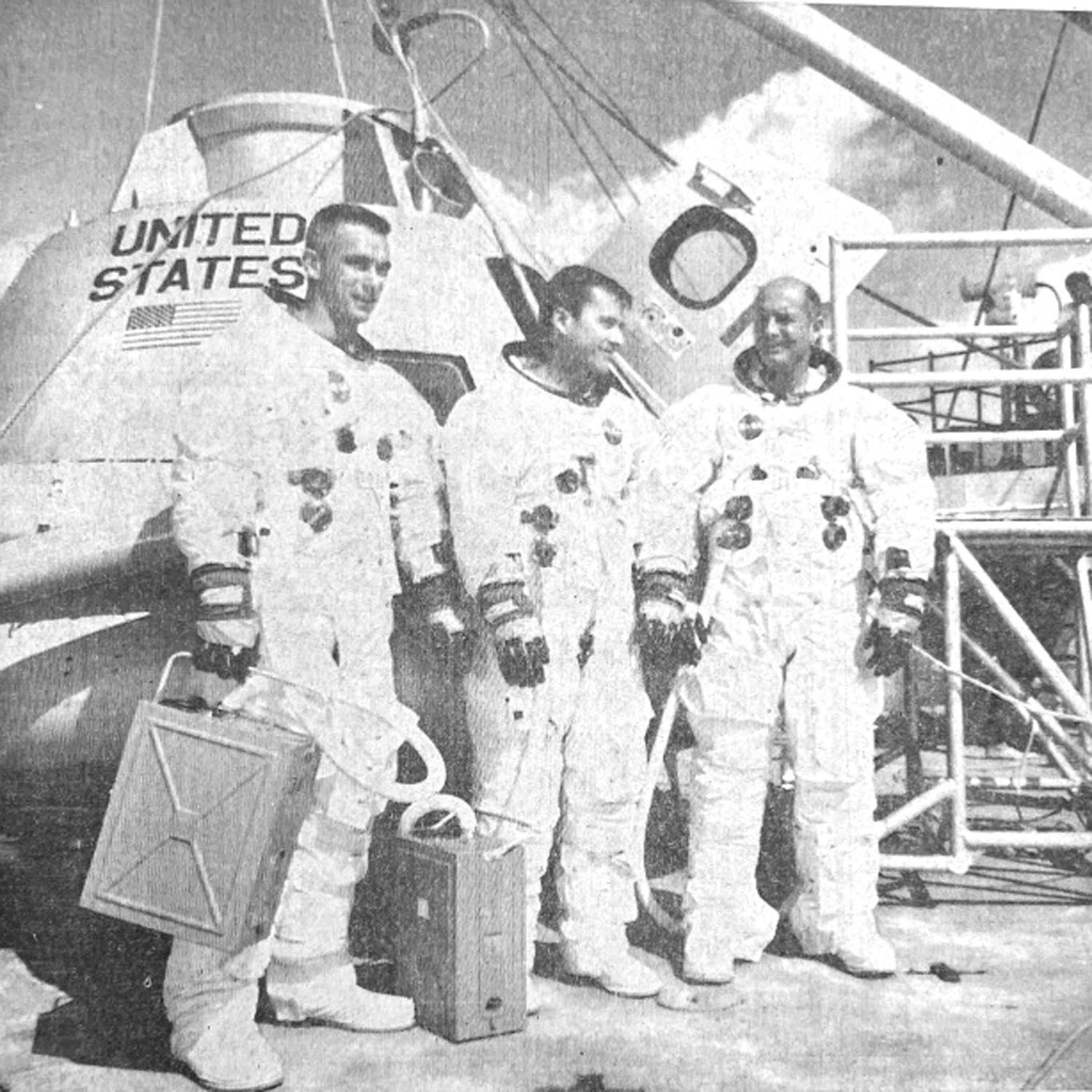 APOLLO 10 CREW: Ready for the final countdown are the astronauts Eugene Cernan, lunar module pilot, John W. Young, command module pilot and Thomas Stafford, mission commander, far right. May 15, 1969