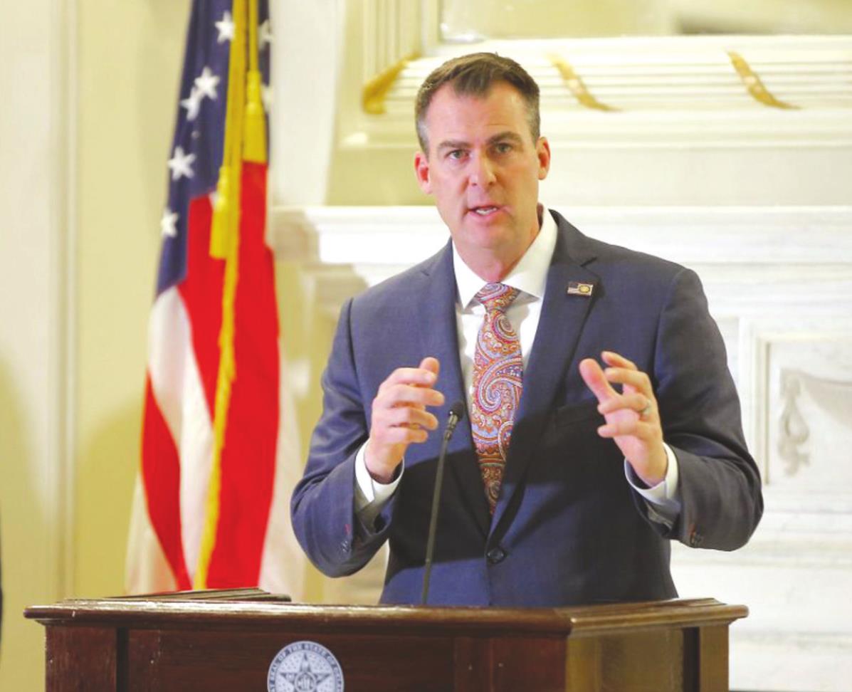 Gov. Kevin Stitt speaks during a press conference inside the state Capitol in Oklahoma City, Tuesday about actions the state will take to assist schools suffering from staff shortages. Provided