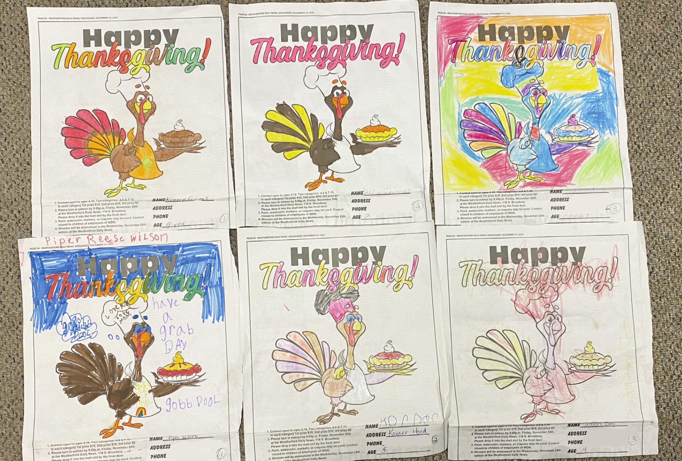 Weatherford Daily News has announced the winners for the Thanksgiving Coloring Contest. The first place winner for the 4-6 age group is Piper Wilson who won $15 followed by Konner Hood who won $10, and Griffin Day who won $5. The first place winner for the 7-10 age groups is Kinley Gaines who won $15 followed by Lucy Chipman who won $10 and Sutton Jarnagin who won $5. Josh Jennings/WDN