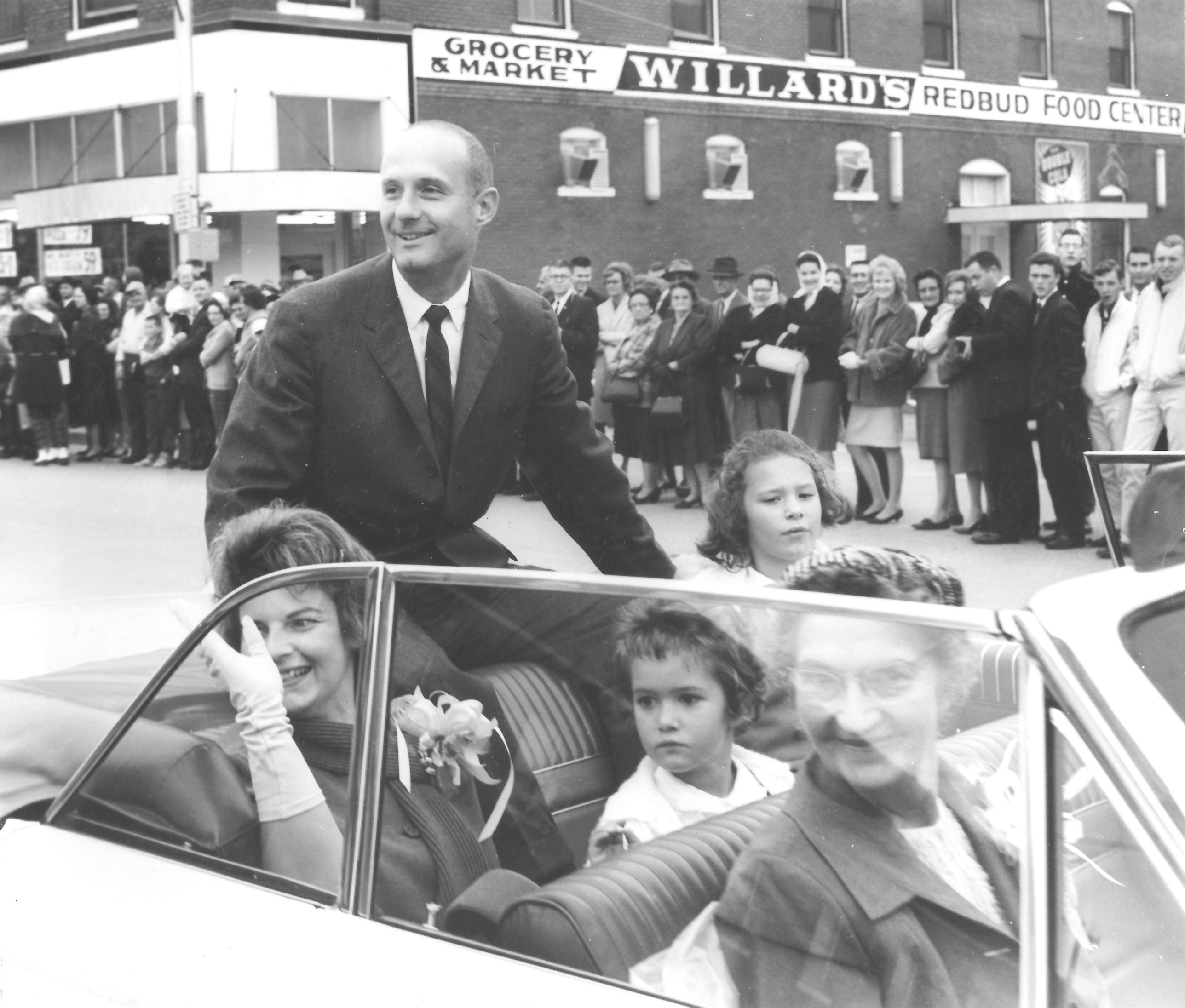 Stafford’s family participated in a Weatherford parade. Pictured from left are his wife Faye, Thomas Stafford, daughter Dionne, daughter Karin and mother Mary in the front seat.
