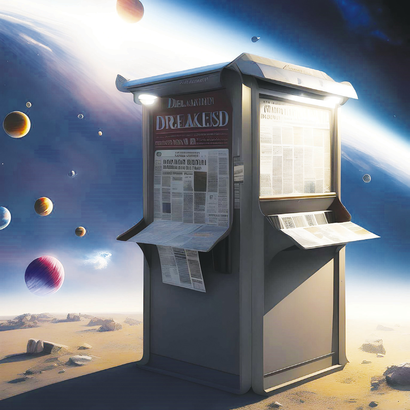 ◄ An Artificial Intelligence image generator designed this picture when it was asked to make a “newspaper stand in space.” Provided