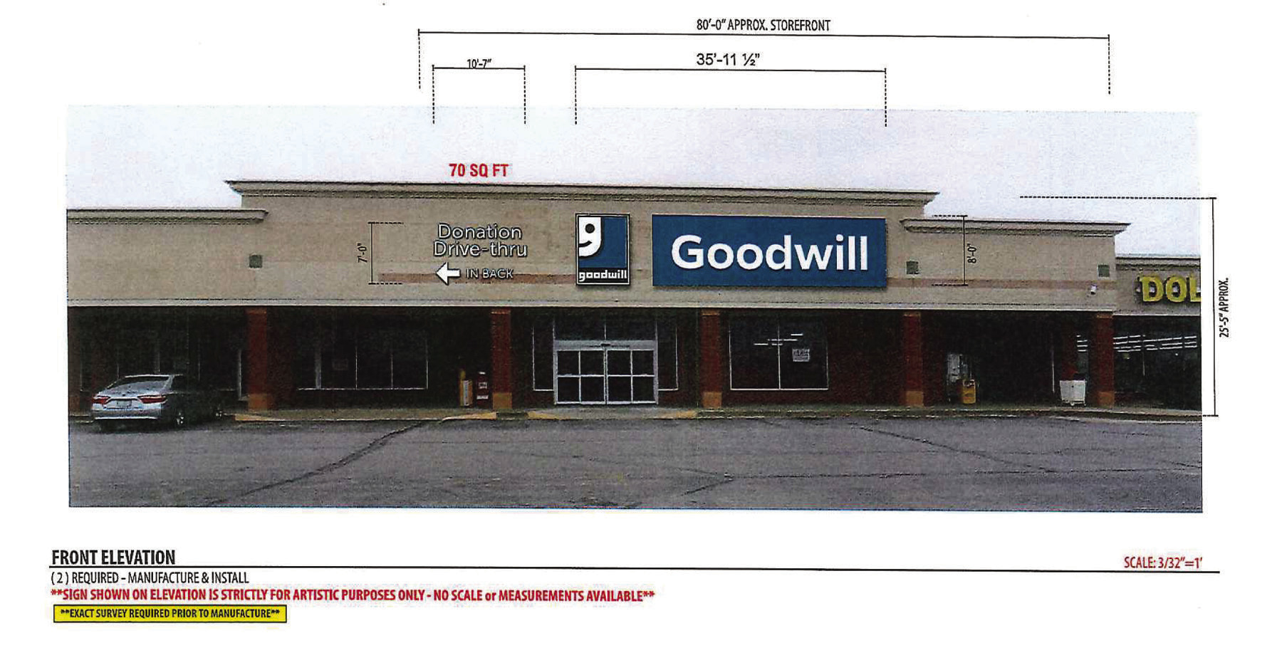 The schematic drawings above show the signs for the new Goodwill Industries store in the Weatherford Shopping Center.
