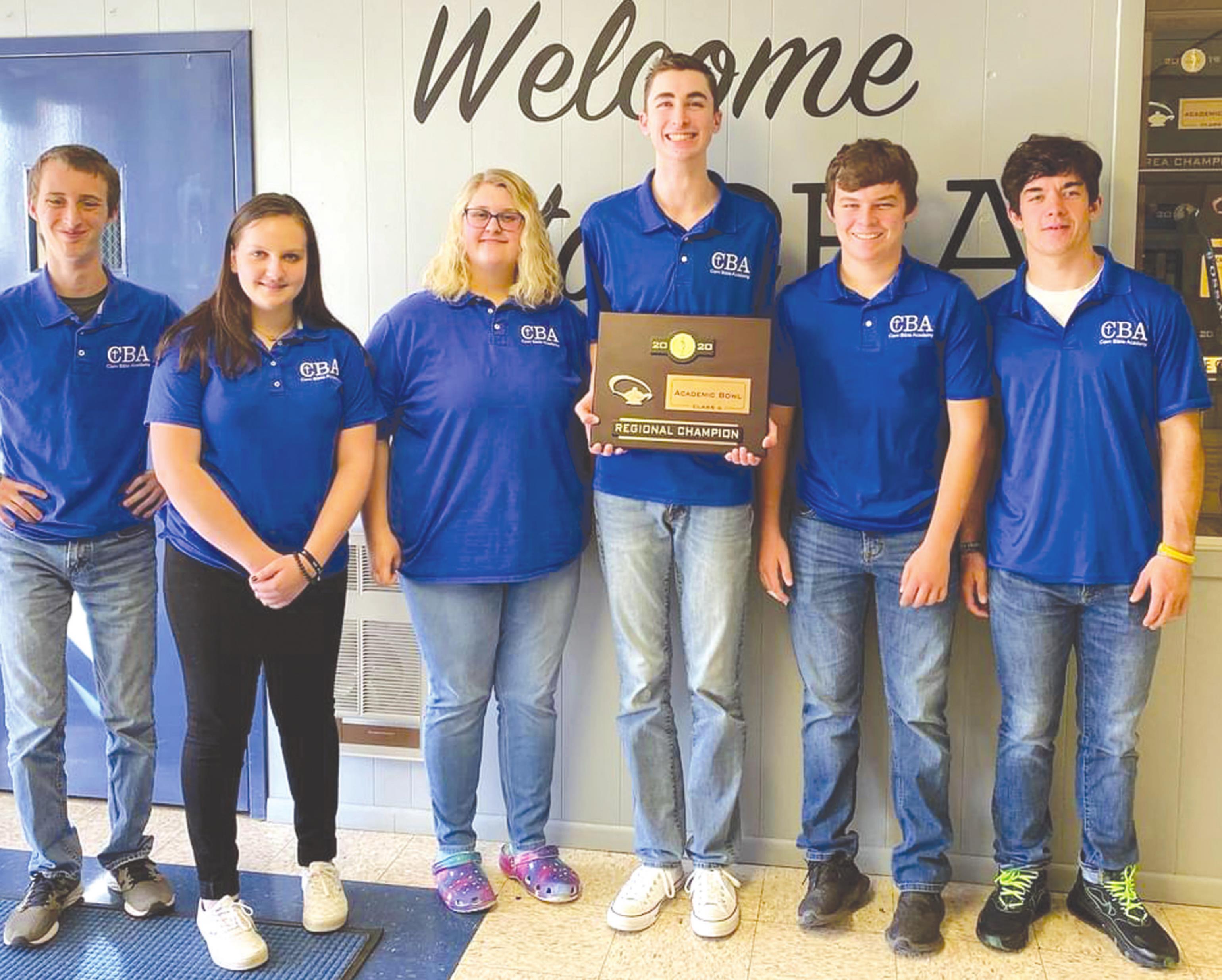 Corn Bible Academy wins Regional Academic Team Competition Saturday. Pictured from left is Jaiden Dobbs, of Cordell, Isaiah Thiessen, of Cordell, Kennedy Listak, of Clinton, Harrison Penner, of Weatherford, Phillip Javorsky, of Weatherford, and Brendan Miller, of Thomas. Provided