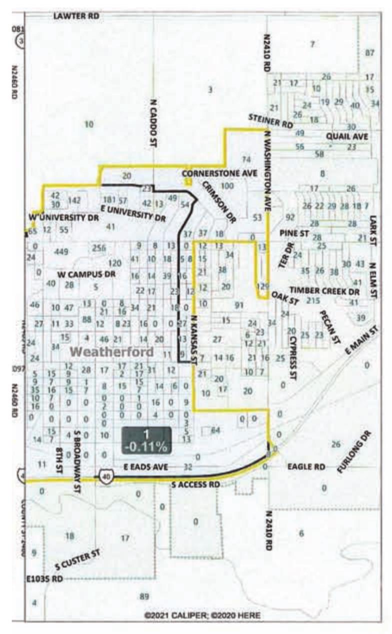 This map shows the changes in Weatherford to the Custer County Commission districts. The yellow line indicates new areas for District 1 The black lines show the old areas of Districts 1 and 2. Provided