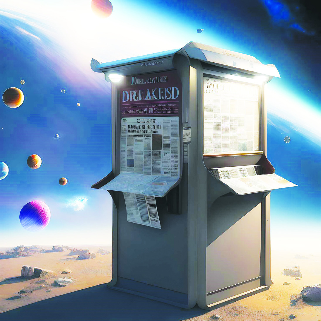 An Artificial Intelligence image generator designed this picture when it was asked to make a “newspaper stand in space.” Provided