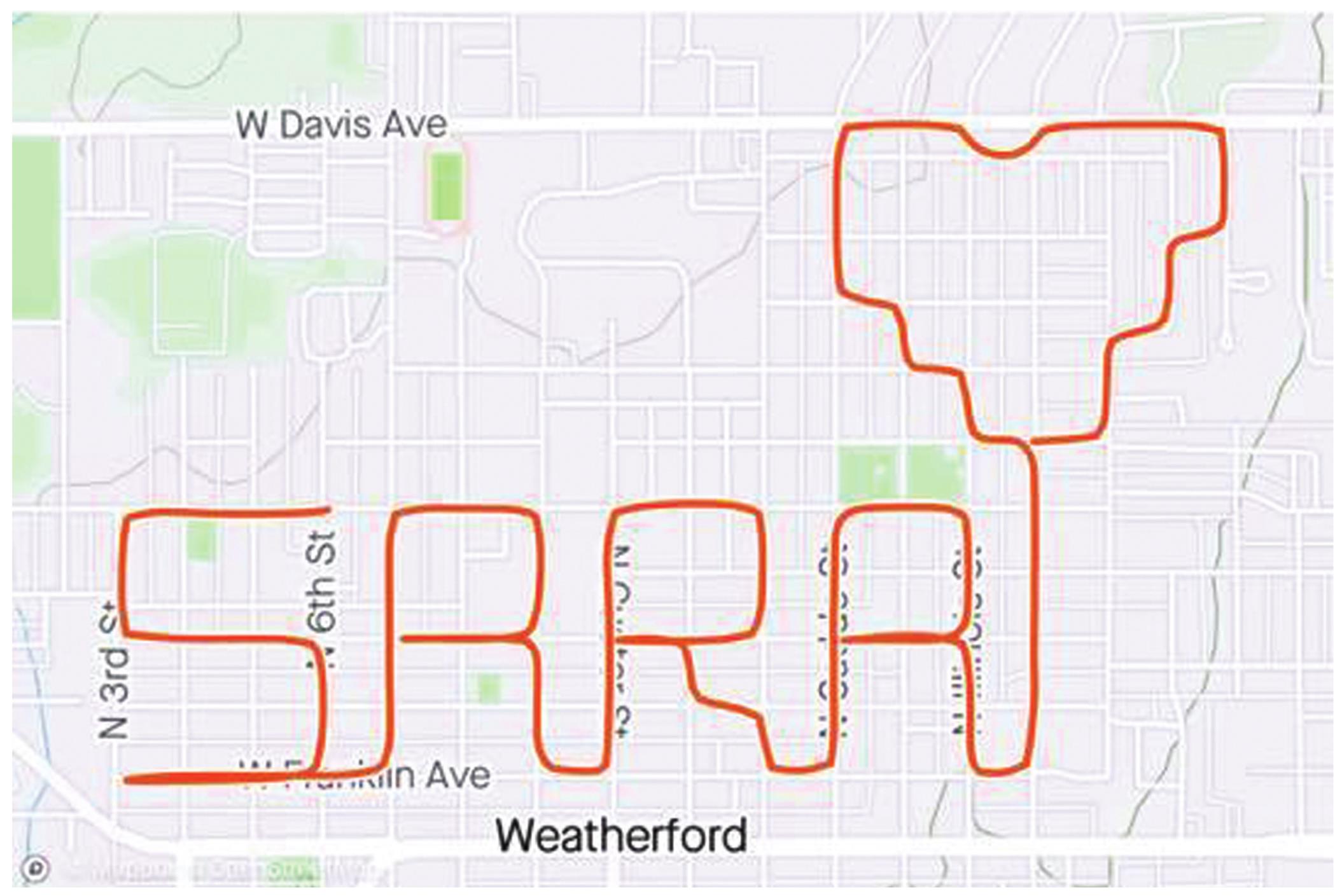 Pictured is the route taken by a local running group to show support for fellow runner Sara Cornelius, who is quaratining in Binger while taking care of several hospice patients at the nursing home. Provided