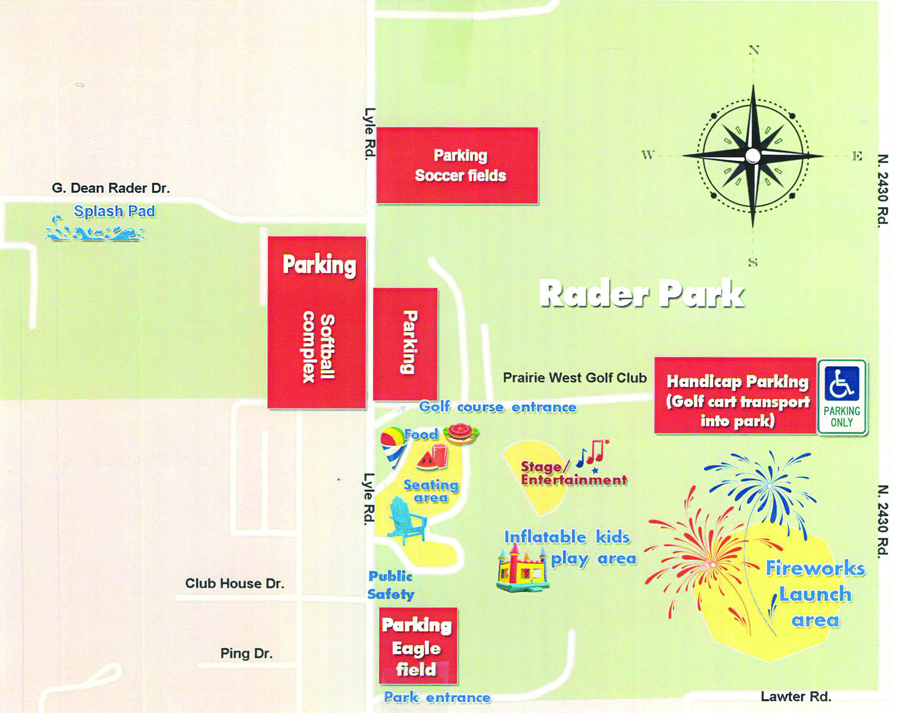 This map shows where people may park during the Weatherford Rotary Club’s annual Fourth of July Celebration at Rader Park. Provided
