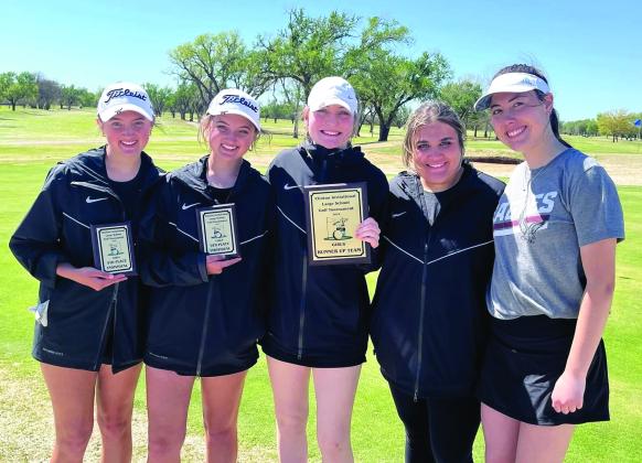 ◄ The Weatherford High School girls golf team competes at Clinton and finishes second as a team. Pictured, from left, Addison Elwick, finished fifth overall and McKinley Elwick, finishes ninth overall, Amelia Childress, Emma McCurdy and Bayli Lawless.